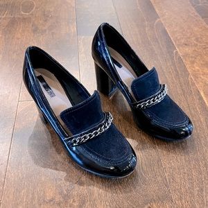 TAHARI LaSalle Black Patent Leather/Suede Block Heel Shoes, Size 8.5